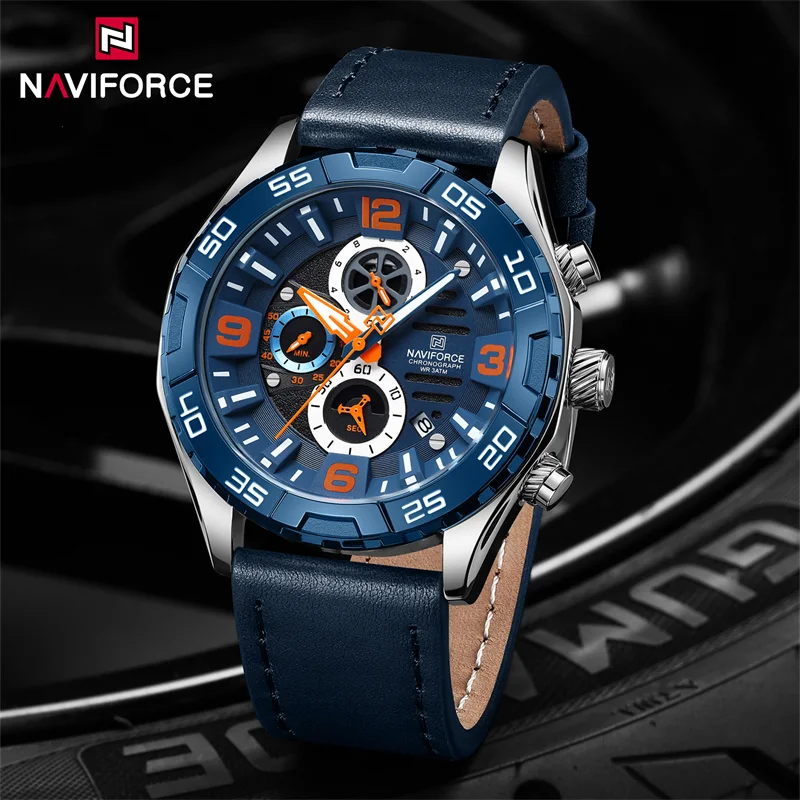 NAVIFORCE Brand New Men\'s Quartz Wristwatches Leather Strap Luxury Sport Waterproof Luminous Chronograph Male Watch Reloj Hombre