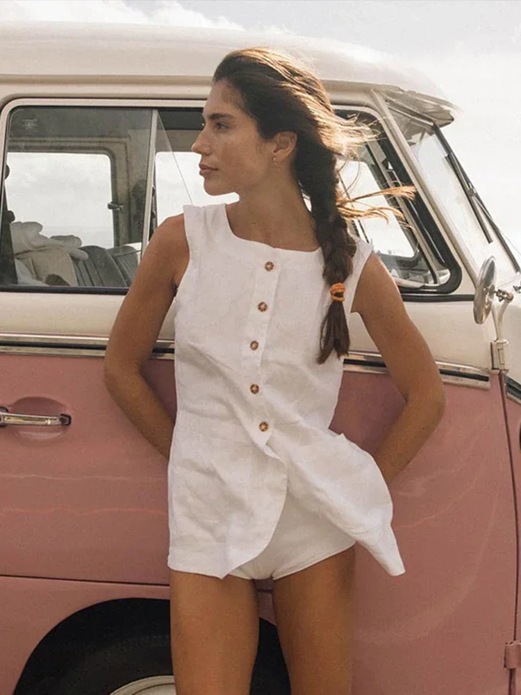 Conjunto de falda blanca con bolsillos para mujer, Top sin mangas con botonadura única, maxifalda con abertura, trajes elegantes de 2 piezas a la moda de verano, 2024