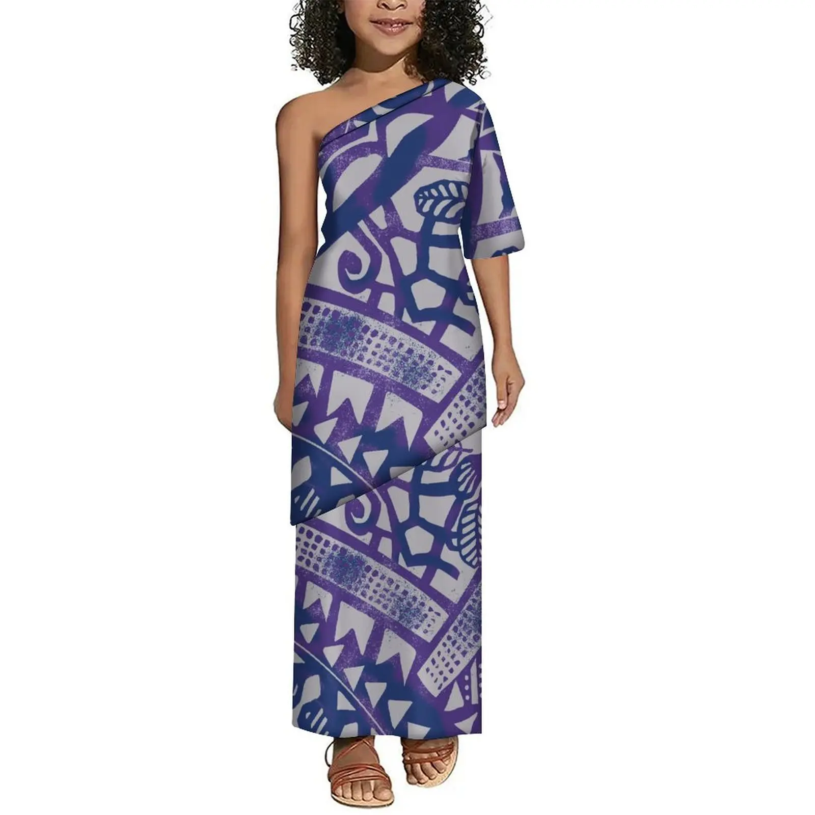 Puletasi Double Suit Dress One-Shoulder Sloping Neck Mid-Sleeve Top With Casual Maxi Skirt Custom Polynesian Children'S Dress