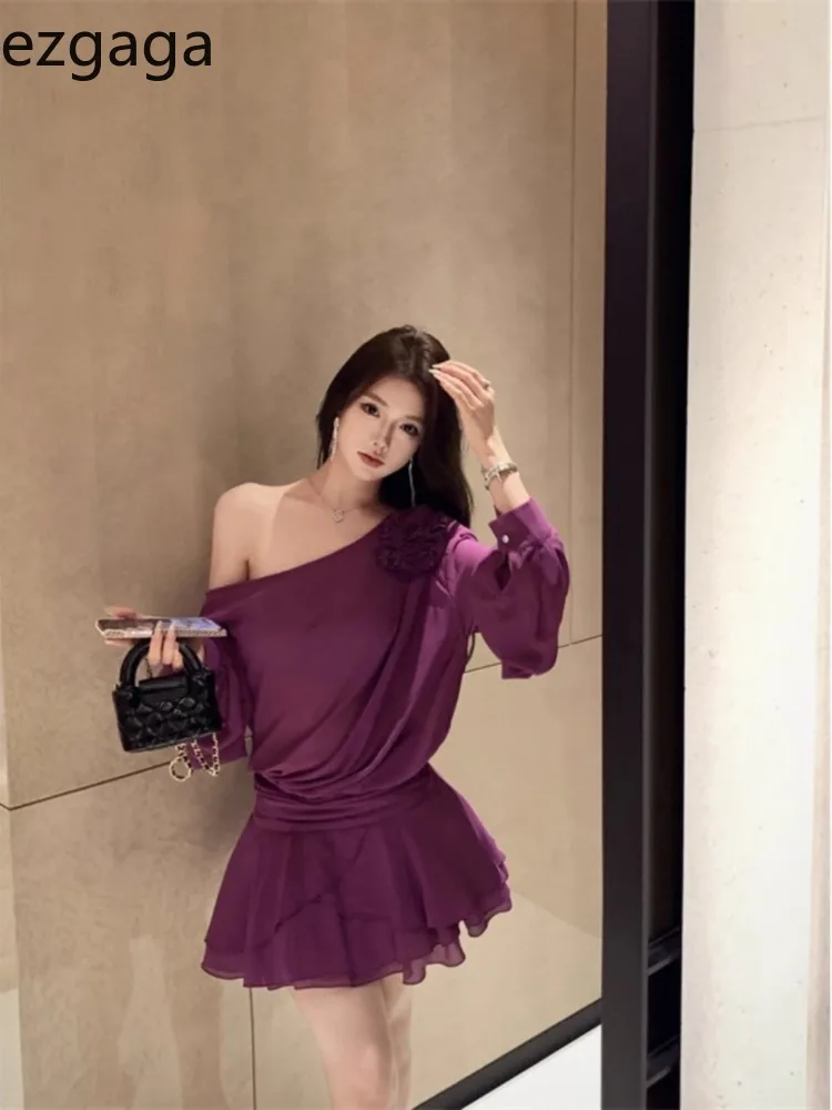 Ezgaga Mini Dresses Women Flowers Diagonal Collar Long Sleeve Off Shoulder Elegant Dress Party French Style Fashion Sexy