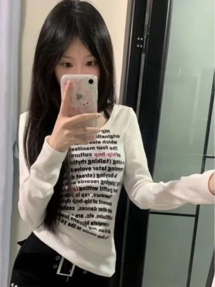 Women Spring Slim Y2k Aesthetic T-shirts Casual Grunge Letter Print Vintage Tshirts Japanese Harajuku Bottoming Tee Shirts Femme