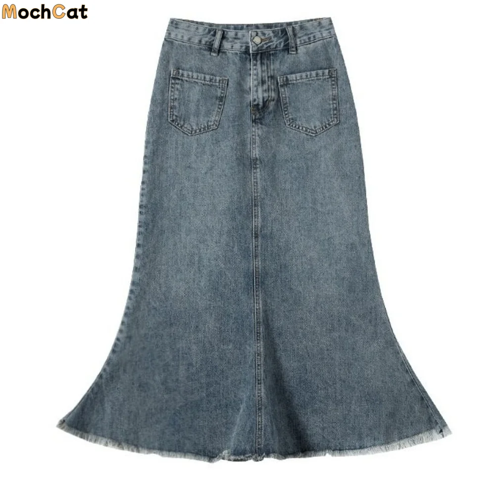 

Fashion High Waist Denim Skirt Women Solid Color Retro A-line Half Dress Chic Loose Hairy Fishtail Skirt Daily