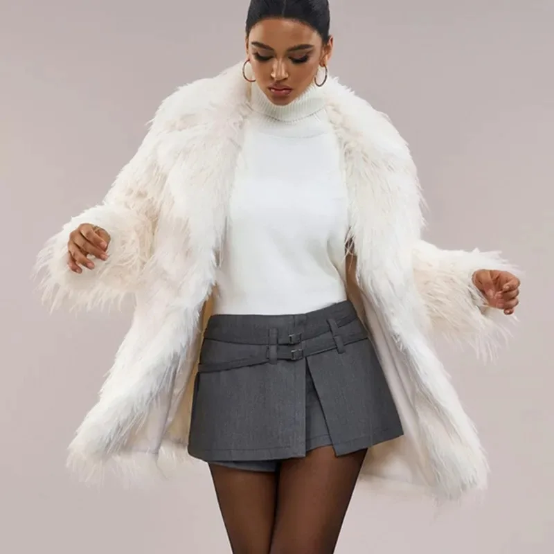 

Fall Winter Fur Fluffy Long Solid Color Jacket Outerwear Retro Faux Fox Fur Tops Thicken Warm Long Belt Jackets Coats