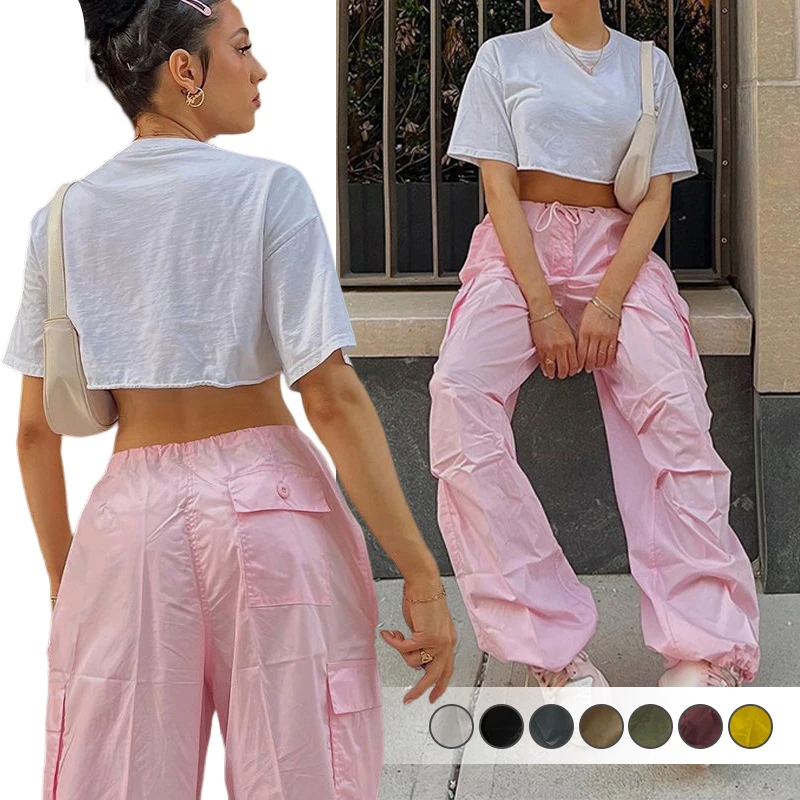 Pink Women Casual Joggers Tech Pants Oversized Solid Low Waist Baggy Trousers Fashion Wide Leg Cargo Pants Streetwear Drawstring