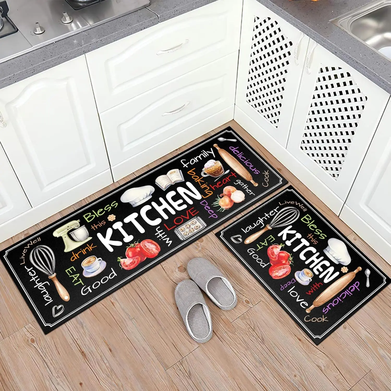 

Comfort Kitchen Floor Mat Chef Hat Letters Non-Slip Anti Fatigue Easy Clean Kitchen Mat for Home Dining Room Decorations