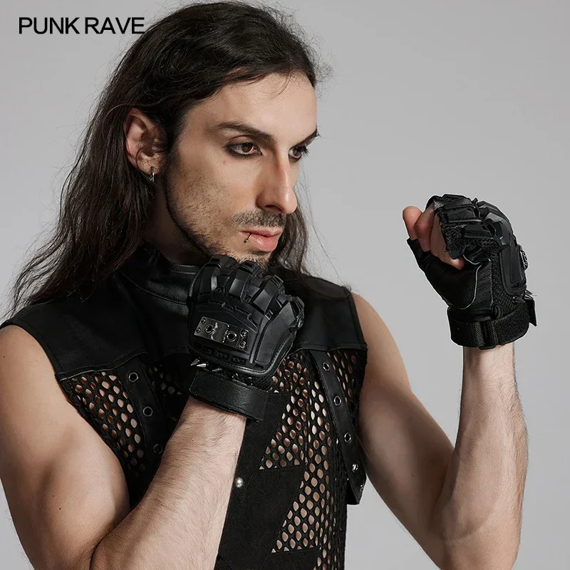 

PUNK RAVE Men's Cyber Punk Elasticity Breathable Mesh Sheepskin Armored Gloves Handsome Novelty Men Accessories
