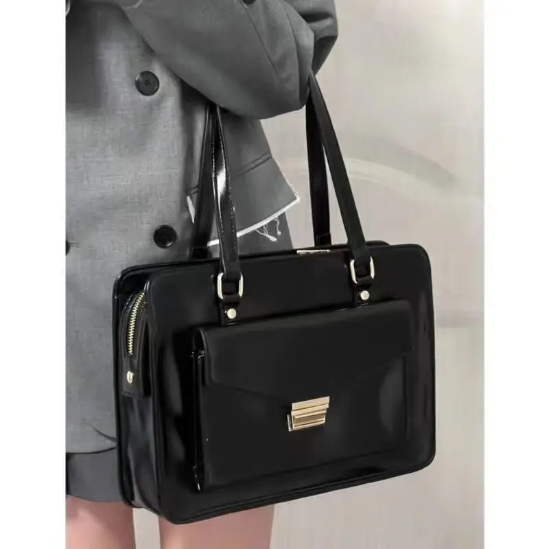 JIAERDI Vintage Black Shoulder Bag Briefcase Women Preppy Style Pu Leather Jk Handbag Ladies Large Capacity Casual Handbags Y2k