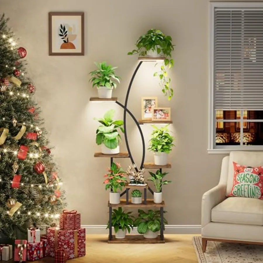 Indoor plant stand with grow lights for living room use, metal construction, black finish, 8-tiered tall design with corner spa