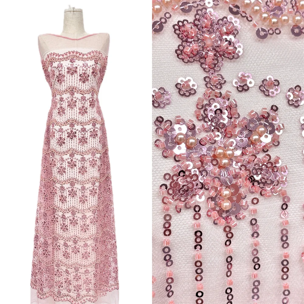 

Pink Latest African Beaded Lace Fabric High Quality French Sequin Lace Fabric Nigeria Mesh Tulle Fabric Wedding Dresses