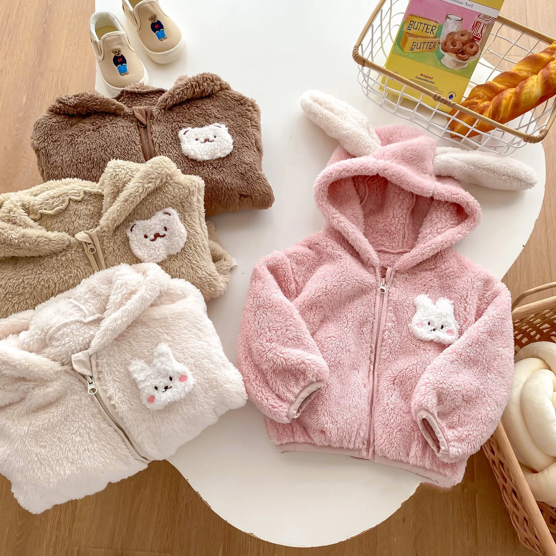 

2024 Winter New Baby Girl Long Sleeve Plush Coat Infant Girl Cute Rabbit Ears Hooded Tops Toddler Kids Thick Warm Zipper Jacket