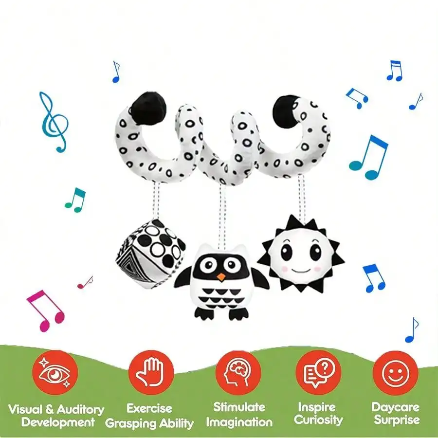 Poussette suspendue en spirale pour bébé, 1 pièce, jouets de siège de voiture, jouet sensoriel à contraste élevé noir et blanc, jouets en peluche pour nouveau-né, cadeaux pour bébé