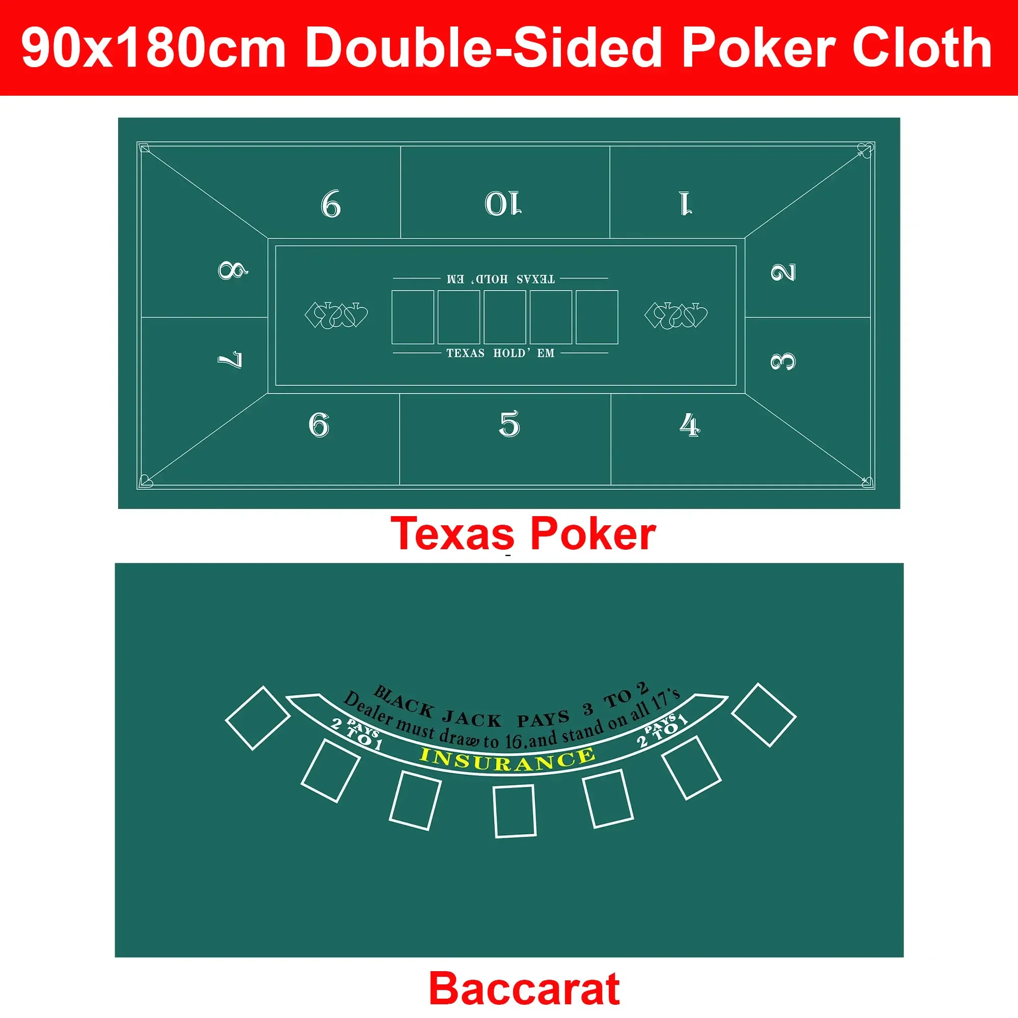 90x180cm Double-Sided Poker Table Cloth Non-Woven Poker Table Mat Texas Hold 'em Baccarat Roulette Casino Entertainment