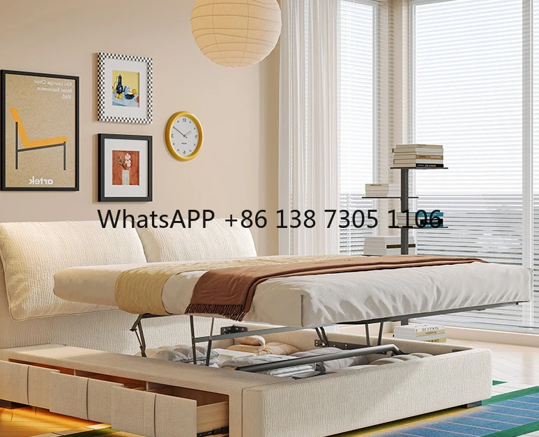 

Removable and washable elephant ear translational storage fabric bed cream wind large capacity high box box storage bed