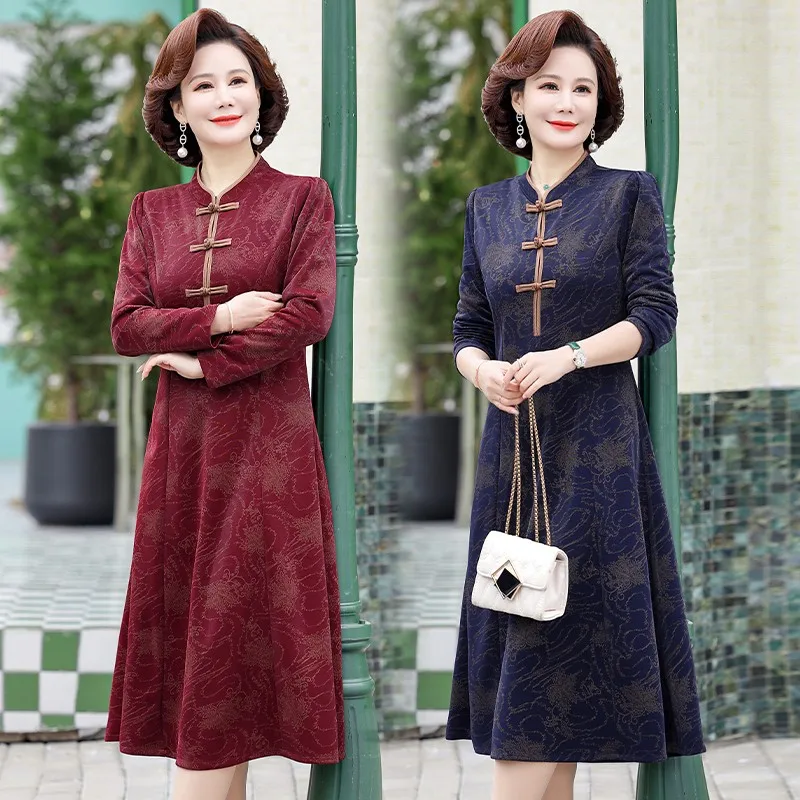 

Spring Autumn New Slim Fit Slim Large Size Dress Vintage Middle and Old Age Women's Fashion Qipao collar Long Sleeve Skirt