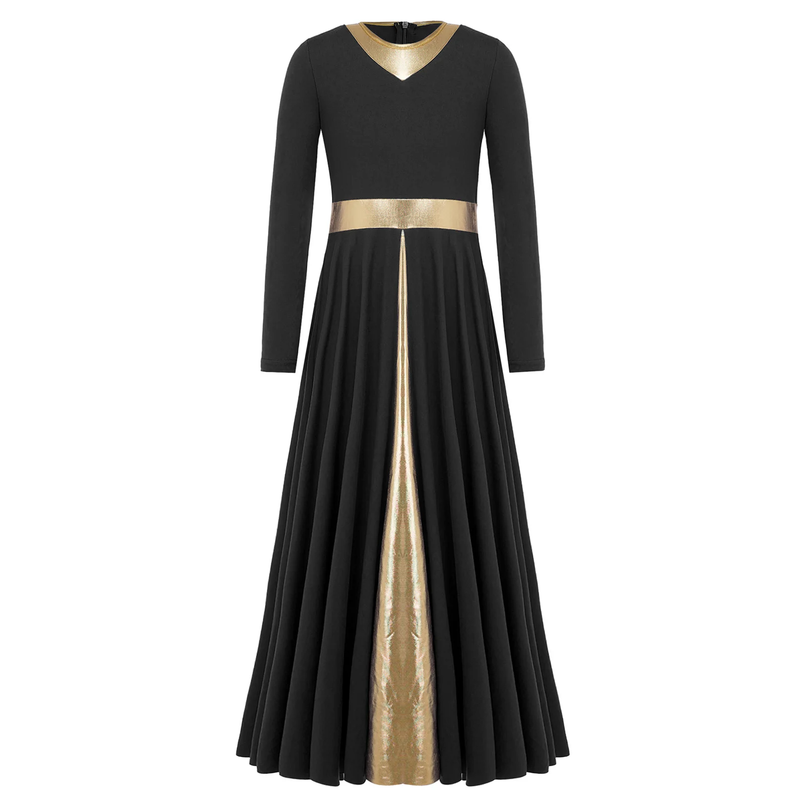 

Girls Liturgical Dance Performance Costume Metallic Color Block Patchwork Maxi Dress Back Zipper Church Worship Praise Dancewear