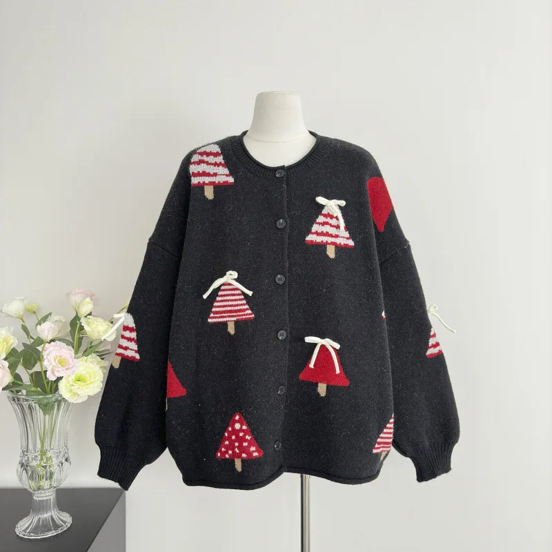 Cardigan lavorato a maglia jacquard albero di Natale per donna 2025 Inverno Nuovo stile pigro Cappotti monopetto Maglione a maniche lunghe con scollo a O