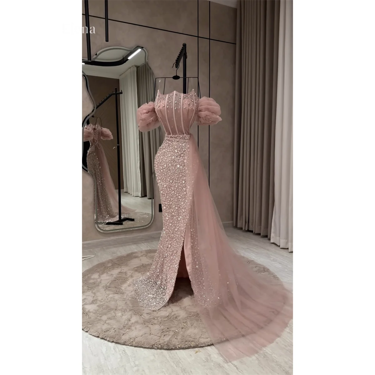 Elena Pink Prom Dress Mermaid High Short Sleeve Evening Dresses Heavy Embellishment Romantic Puff Illusion Custom Fit Customized