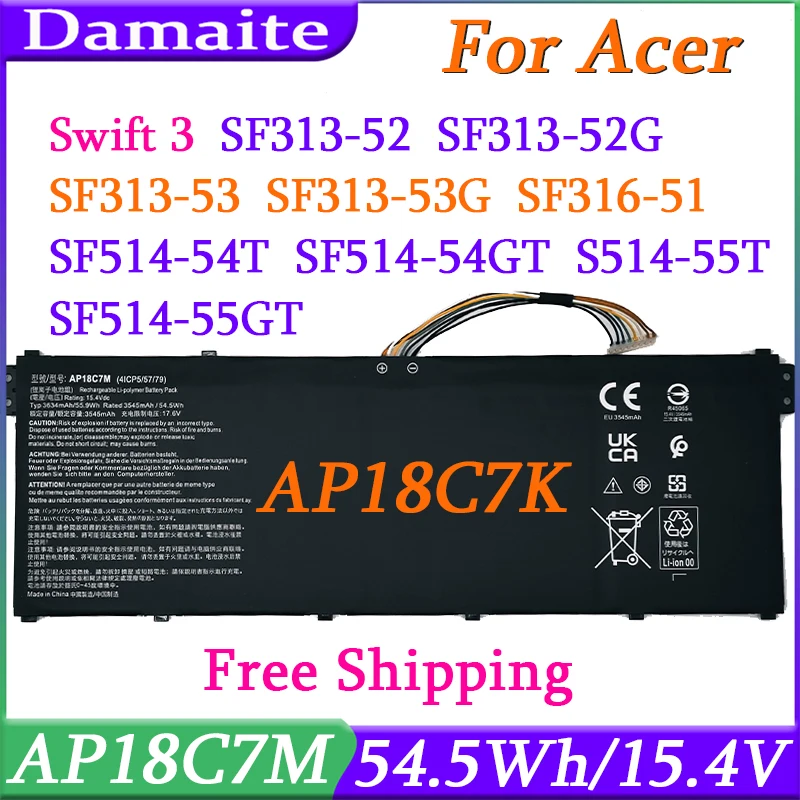 

AP18C7M Laptop Battery For Acer Swift 5 SF514-54G SF514-54GT SP513-54N 55GT SF313-52 Series AP187K 4ICP5/57/79 15.4V 54.5Wh