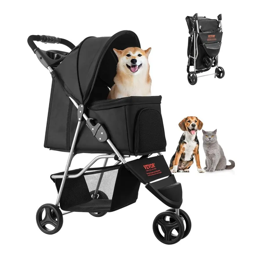 

Pet Stroller, 35 lbs Weight Capacity, Foldable Dog Cart, 3 Wheels Cats Carts with Mesh Windows and Cup Holders, Portable Pet Car