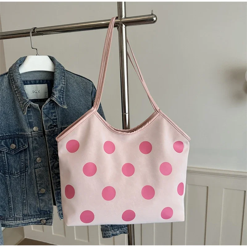 Koreanische Schultertasche mit Polka-Dot-Muster, Vintage-Kunsthandwerkliche Canvas-Tragetasche für Damen, lässige Alltagstasche mit Henkel. – Detail 14