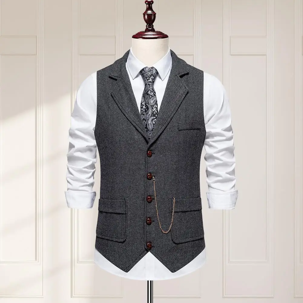 

Men Suit Waistcoat Lapel Sleeveless Single Breasted Business Suit Vest 3D Pockets Chain Decoration Waistcoat Slanted Hem Vest