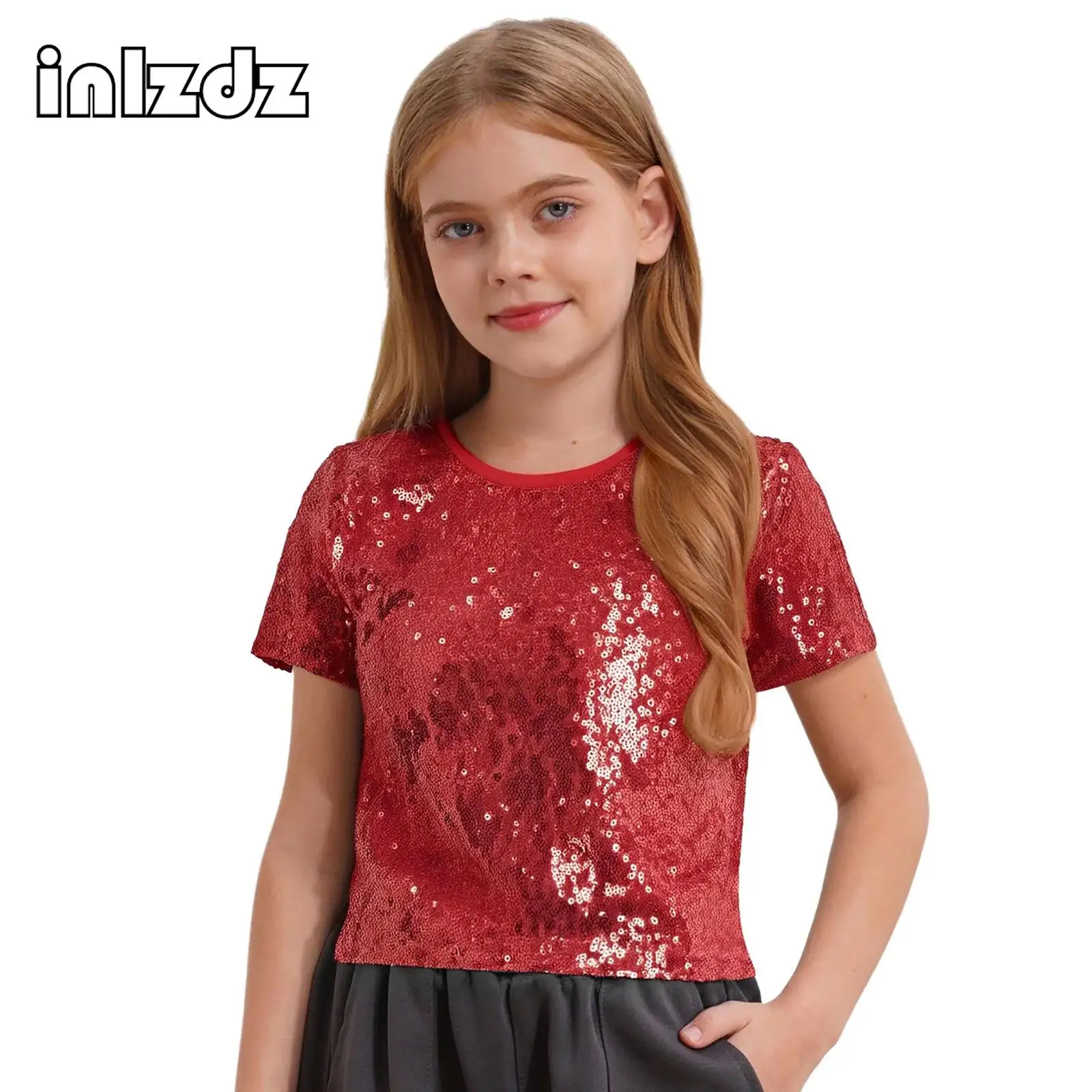 

Kids Girls Jazz Dance Tops Round Neck Short Sleeve Sparkling Sequin Crop Top for Hip-Hop Stage Performance Themed Parties