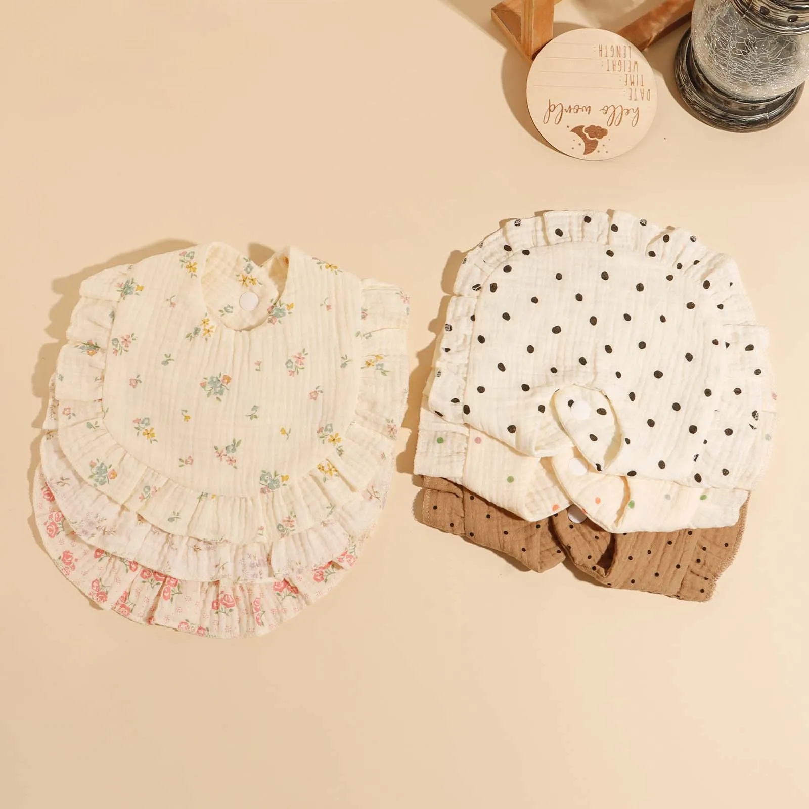 3pcs Hot Sell Children's Feeding Bib Set  Cotton Muslim Baby Comfortable Drool Towel  Ruffle Snap Button Infant Burp Cloth ﻿