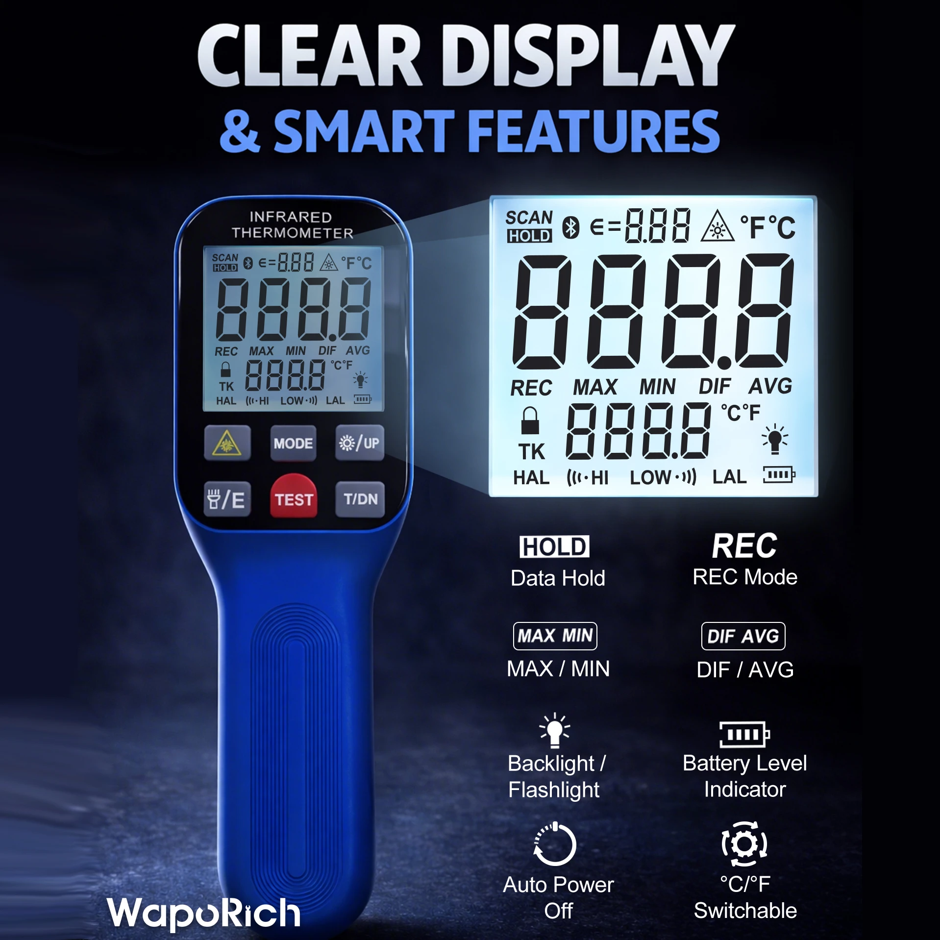 

Non-Contact Infrared Thermometer -50~1600℃ Rechargeable Laser Temperature Gun with Data Record Alarm Backlight for Industry HVAC
