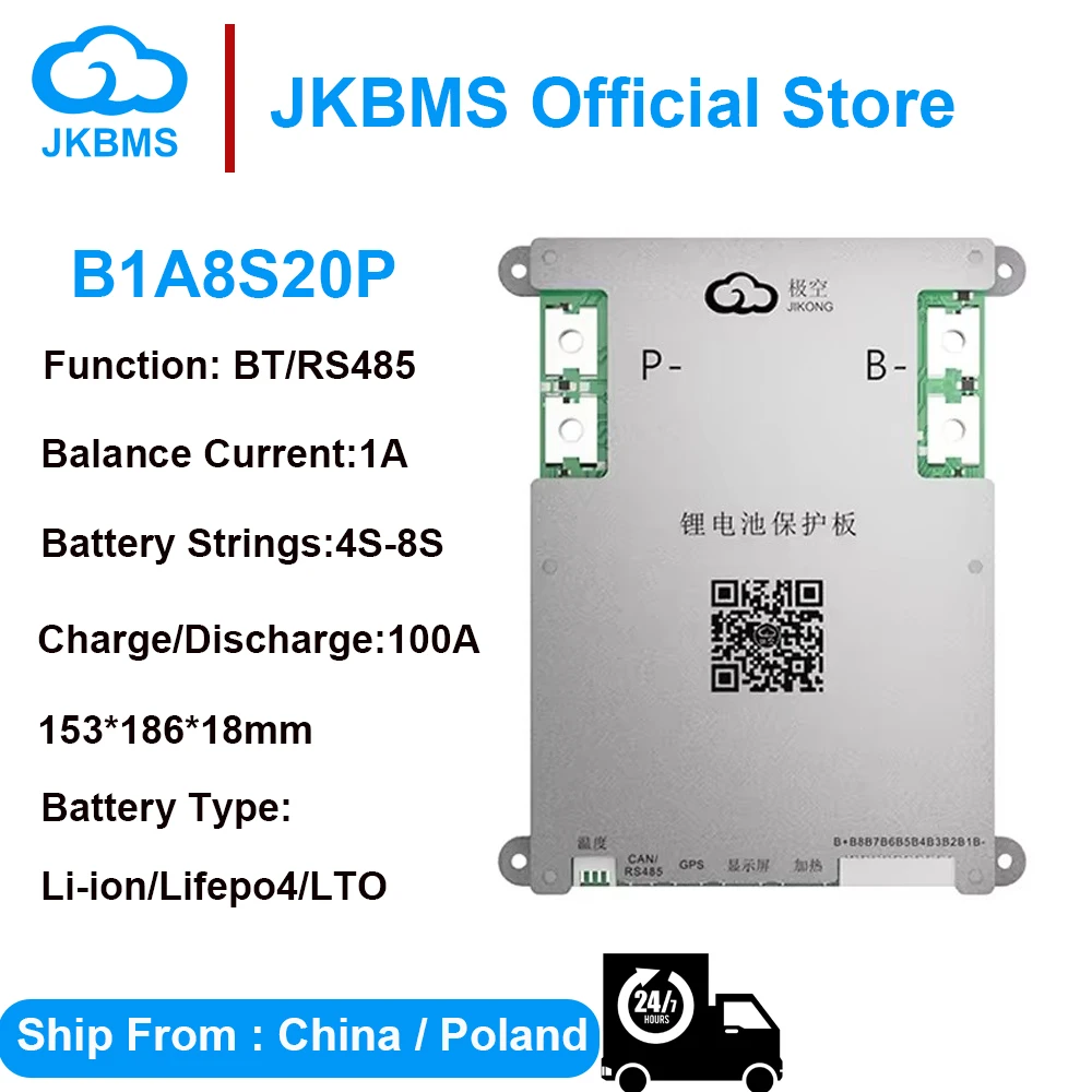 JKBMS SMART BMS B1A8S20P 1A Active Balance for Lifepo4 Battery 4S 5S 6S 8S 200A BT 48V 60V Li-Ion 18650 Camping Battery Ebike