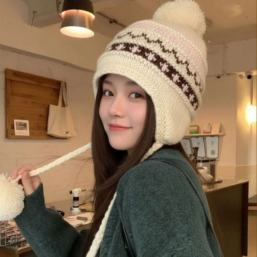 

Fashion Warm Jacquard Knitted Hat Printed Wool Fair Isle Style Beanies Korean Cute Printing Knit Cap Apparel Accessories