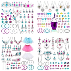 Girls Princess Jewelry Play Kits Magic Wand Crown Princess Dress Ring Earring Necklace Bracelet Halloween Birthday Party Toys