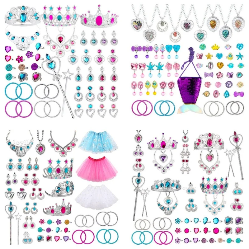 Girls Princess Jewelry Play Kits Magic Wand Crown Princess Dress Ring Earring Necklace Bracelet Halloween Birthday Party Toys