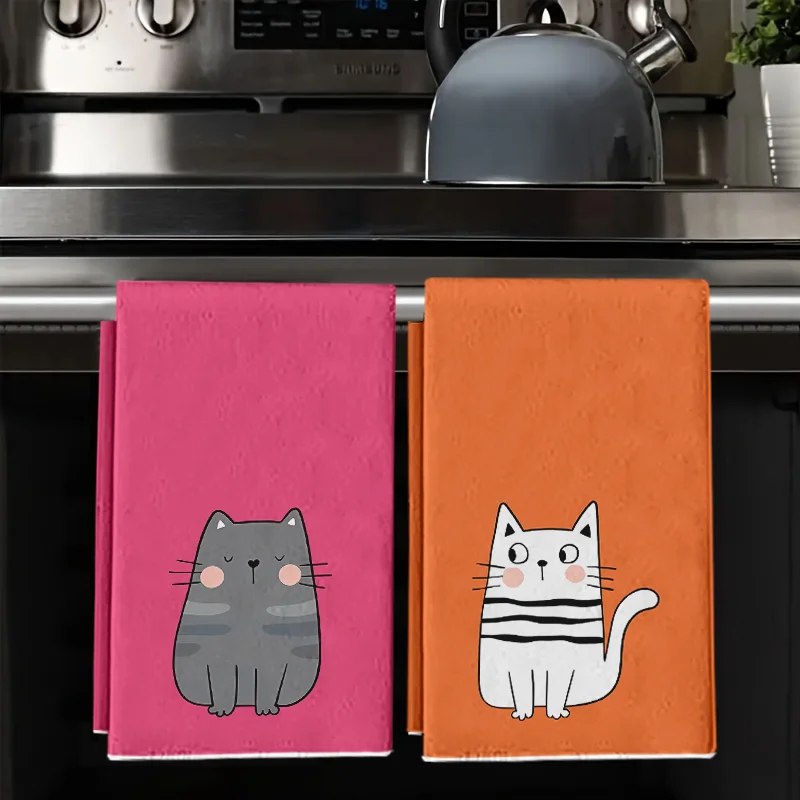 2Pcs, Pink-Orange Quirky Cat Kitchen Towels, 40Cm*60Cm Towel Set, Super Absorbent Soft Cleaning Cloth, Cooking and Baking Towels