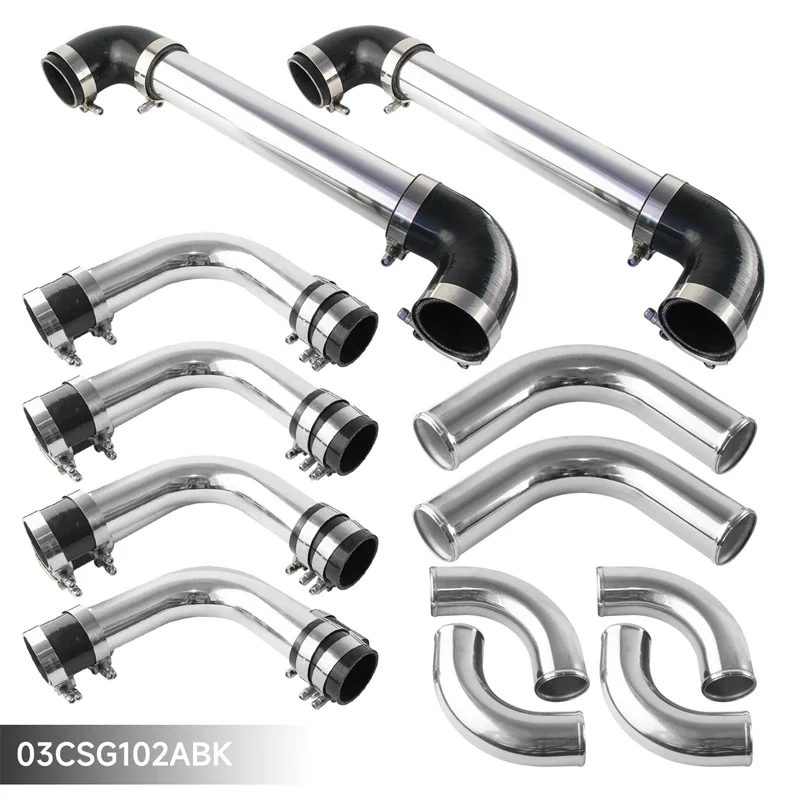 

12PCS Turbo Intercooler Pipe 2.5" 63mm Universal Piping+ Silicone Hose Coupler T-Clamp Kit Polished Sliver Aluminum