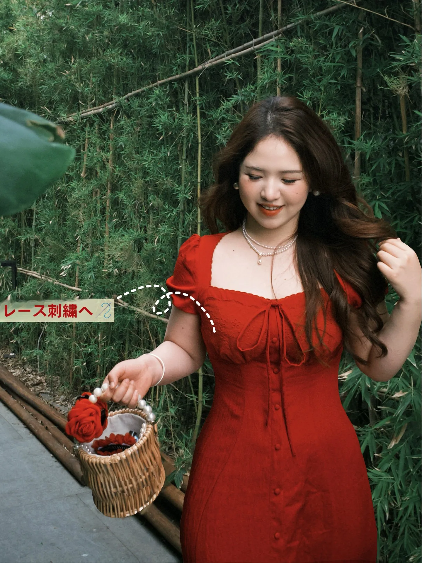 

Fat Women's Summer Slimming Red Dress Square Collar Tea Break Cheeky French Style Embroidered Slim Fit Midi Dress Q8507