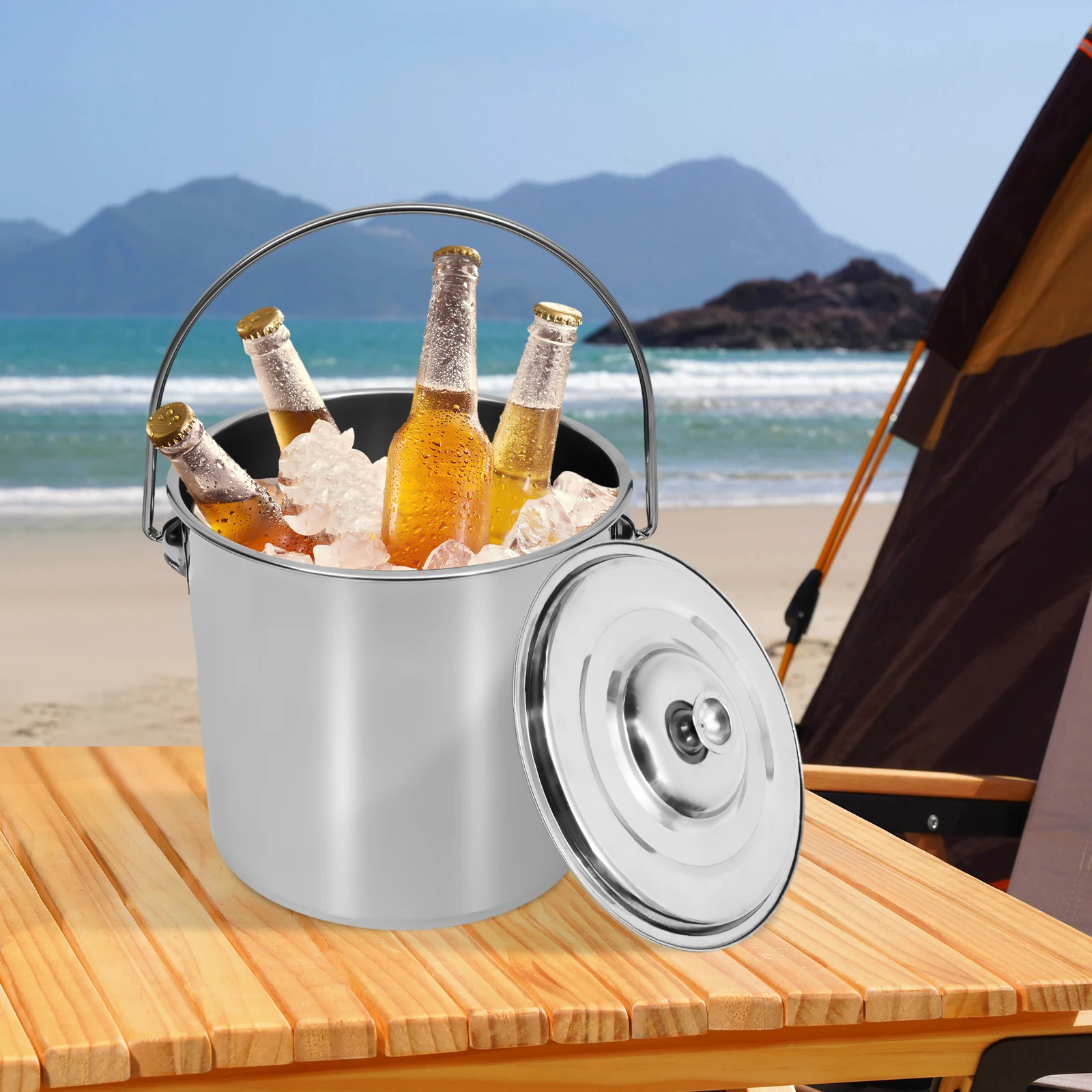 Stainless Steel Ice Bucket For Parties With Lid, Insulated Wine Bucket Keeps Drinks Cold And Ice Cube From Melting, Silver