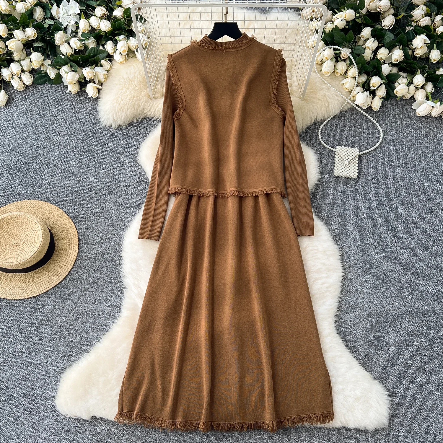 Chic Women Two-Piece Sets Basics O-neck Single Breasted Vest and Slim Long Sleeve Knit Dress French High Street Winter Clothing