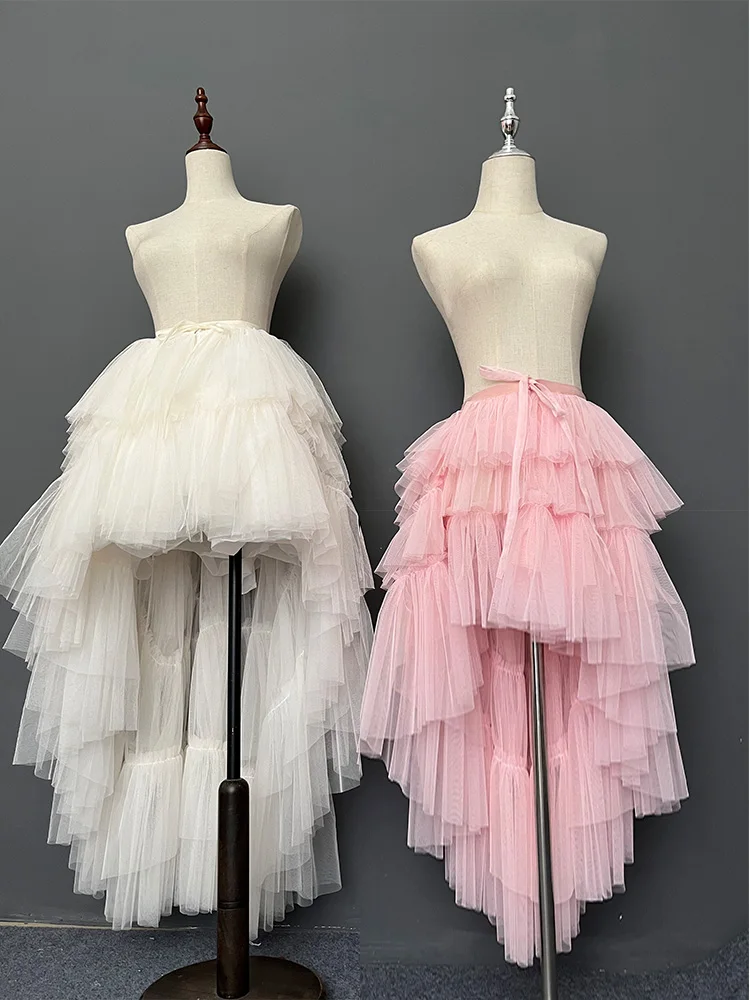 Short Front and Long Back Two Wear One Piece Tail Detachable Back Cake Puff Party Skirts Eevening Holiday Skirts Mesh Cover Up