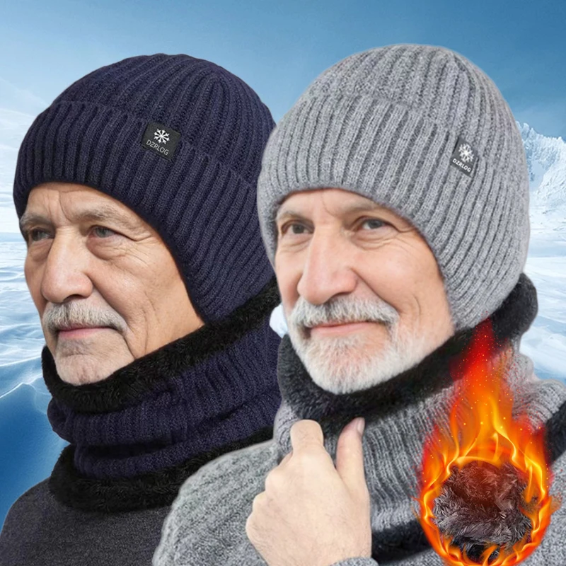 Zimowa męska grubsza czapka Beanie Ochrona uszu Czapki z dzianiny Wełniany szalik na szyję Zestaw czapek Outdoor Wiatroszczelna pluszowa ciepła