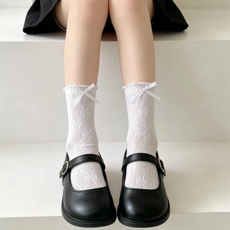 Sweet Lolita Girls Mid Calf Socks With Bowknot Decorated Cuff All Over Bow Subtle Jacquard Pattern Soft Elastic Breathable Socks
