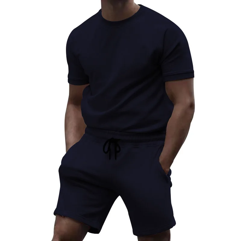 Summer New Men\'s Short-sleeved T-shirt Solid Color Tracksuit Quarter Pants T-shirt+Shorts Set Two-piece Fashion Casual 2pcs Set