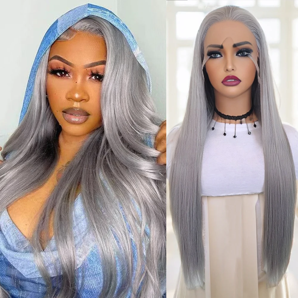 Silver Grey Straight Synthetic Hair for Women Makeup Use Natural Straight Grey Hair Heat Resistant Lace Front Wigs