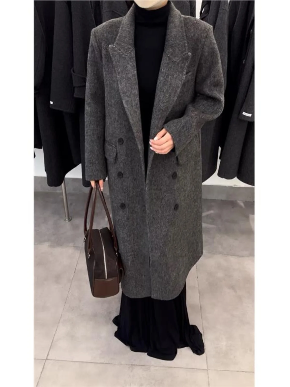 

Двустороннее шерстяное пальто Camere, женское двубортное пальто с длинным воротником до колена, утягивающая верхняя одежда для поездок на работу