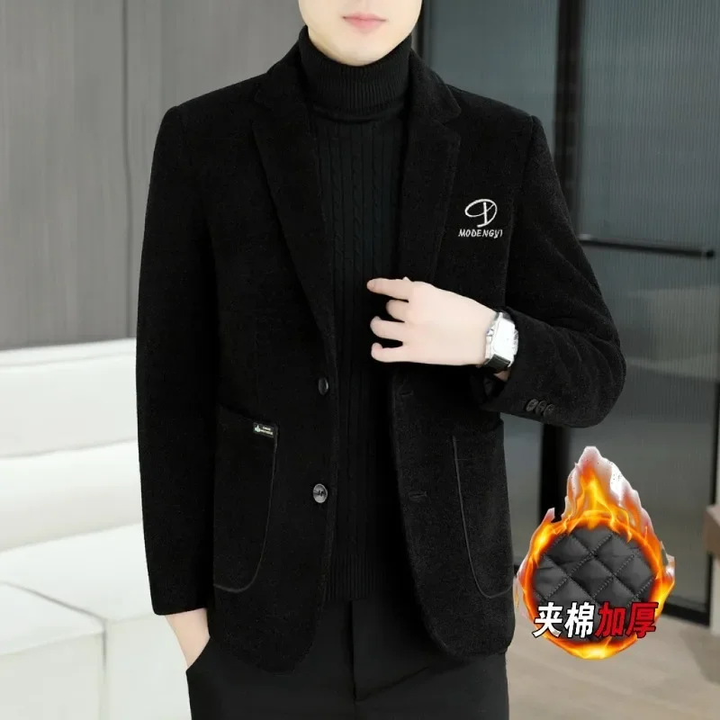 2024 Autimn Winter Men Woolen Blazers Add Cotton Thicken Suit Jacket Slim Casual Business Dress Coats Social Office Men Clothing