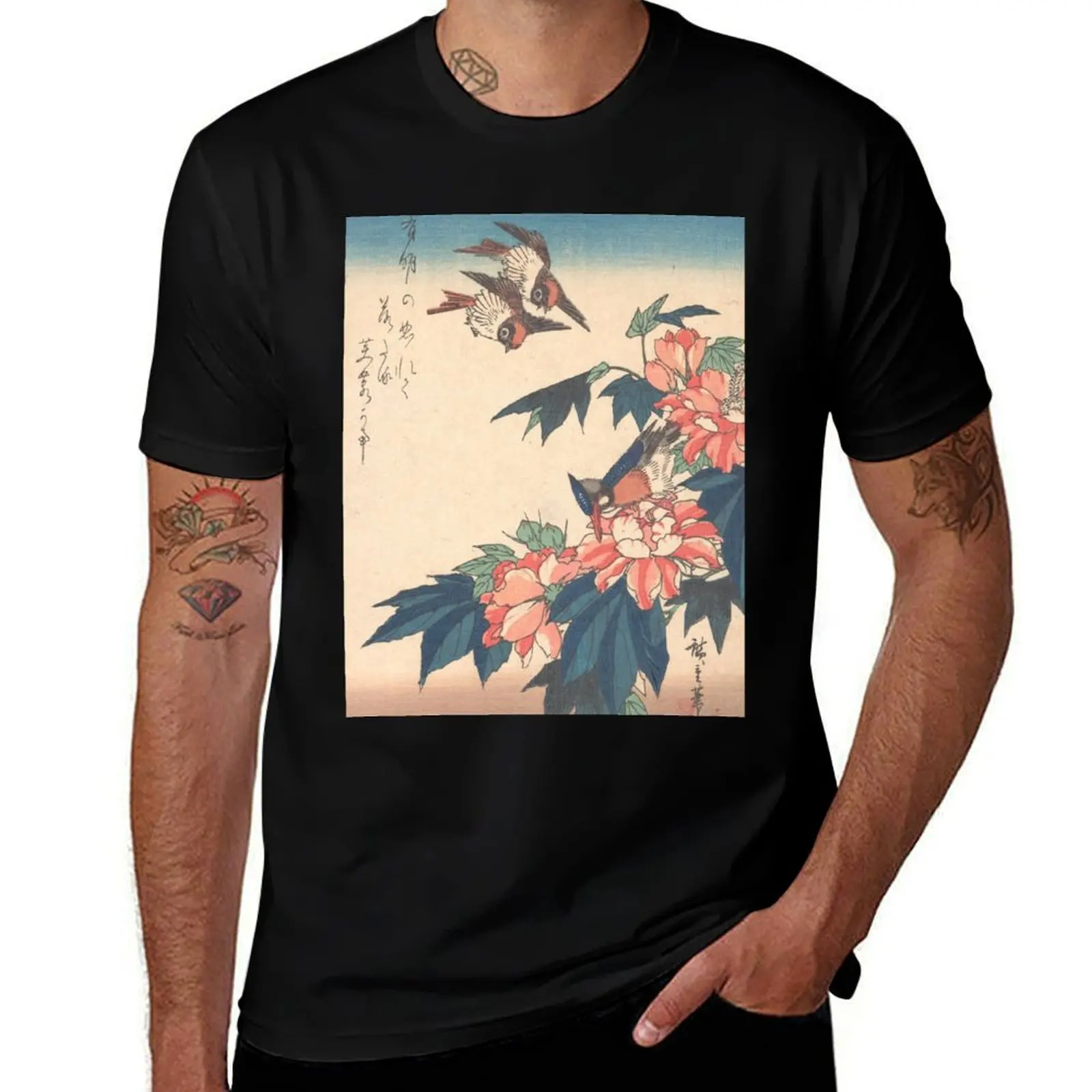 

Swallows and Kingfisher with Rose Mallows T-Shirt t shirt custom print t shirts cotton 100% T-Shirt