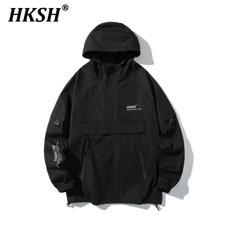 

HKSH Men's Spring Autumn Pullover Half Zipper Jacket Thin Fashion Hooded Jacket Safari Style Streetwear Versatile Coat HK0021