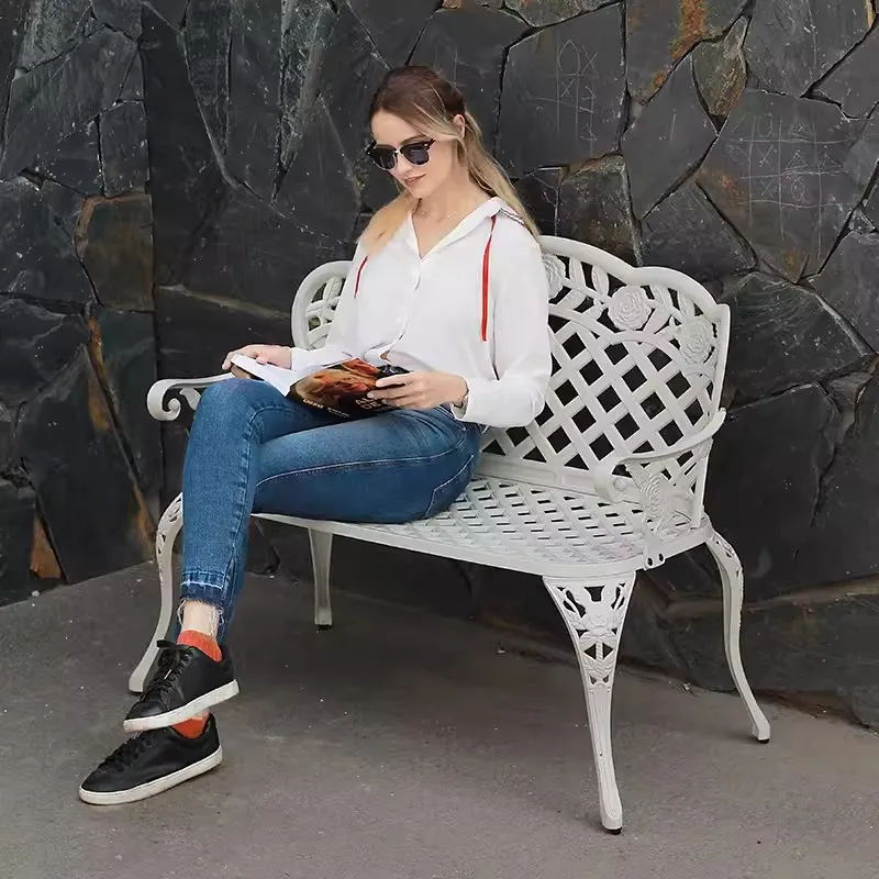 Best selling Love seater 2 person park chair all aluminum Patio benches Rose pattern street  garden chair Porch metal furniture