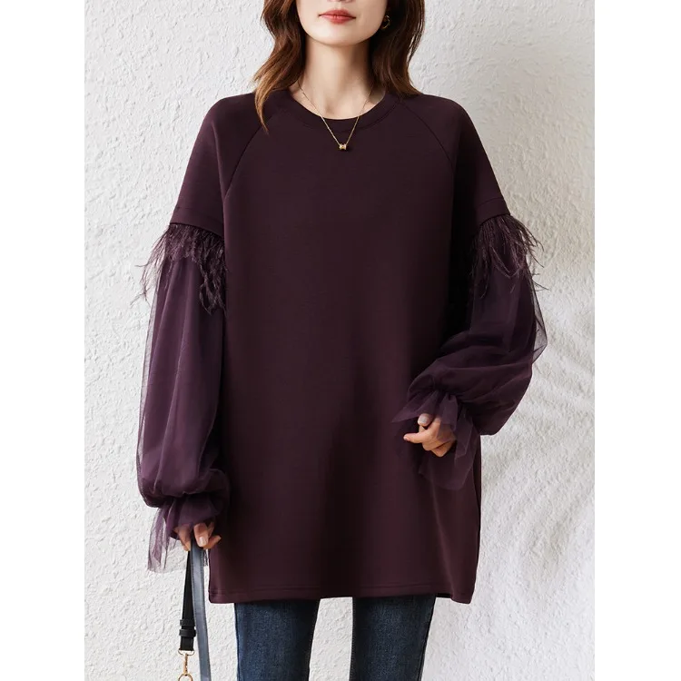 Felpa lunga autunno inverno Sve Me Splicing taglie forti Abbigliamento donna Midi rotondo Ne Color Top Vestibilità comoda