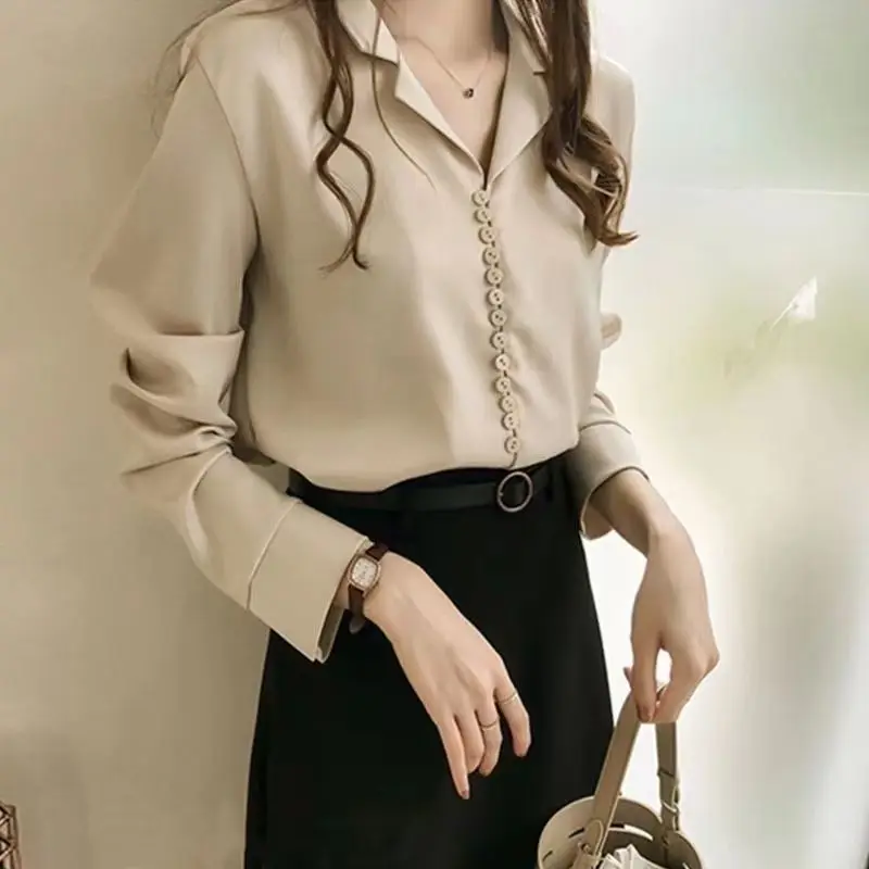 Spring Autumn New Solid Color Blouse Women V-neck Fashion Long Sleeve Button Patchwork Pullovers Elegant Chic All-match Tops