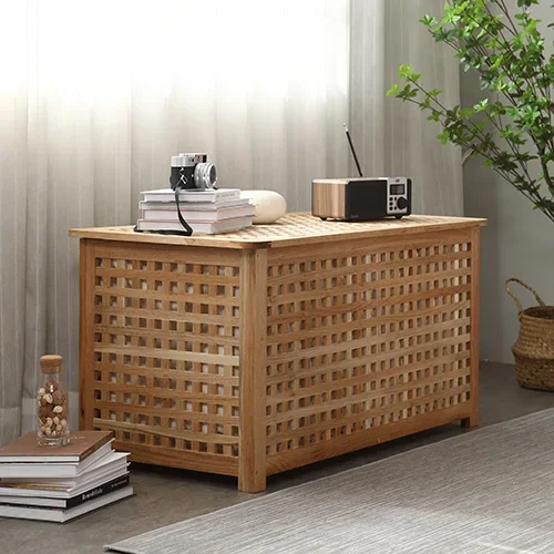 Large solid wood mesh storage box with lid, storage finishing, sitting box stool, laundry basket, coffee table